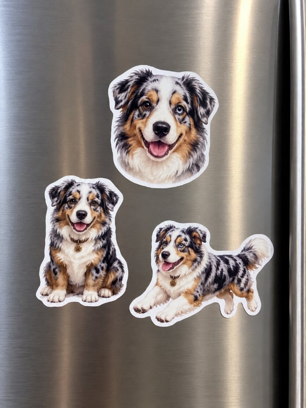 3 Australian Shepherd Dog Fridge Magnets Blue Merle Aussie Puppy Refrigerator Se